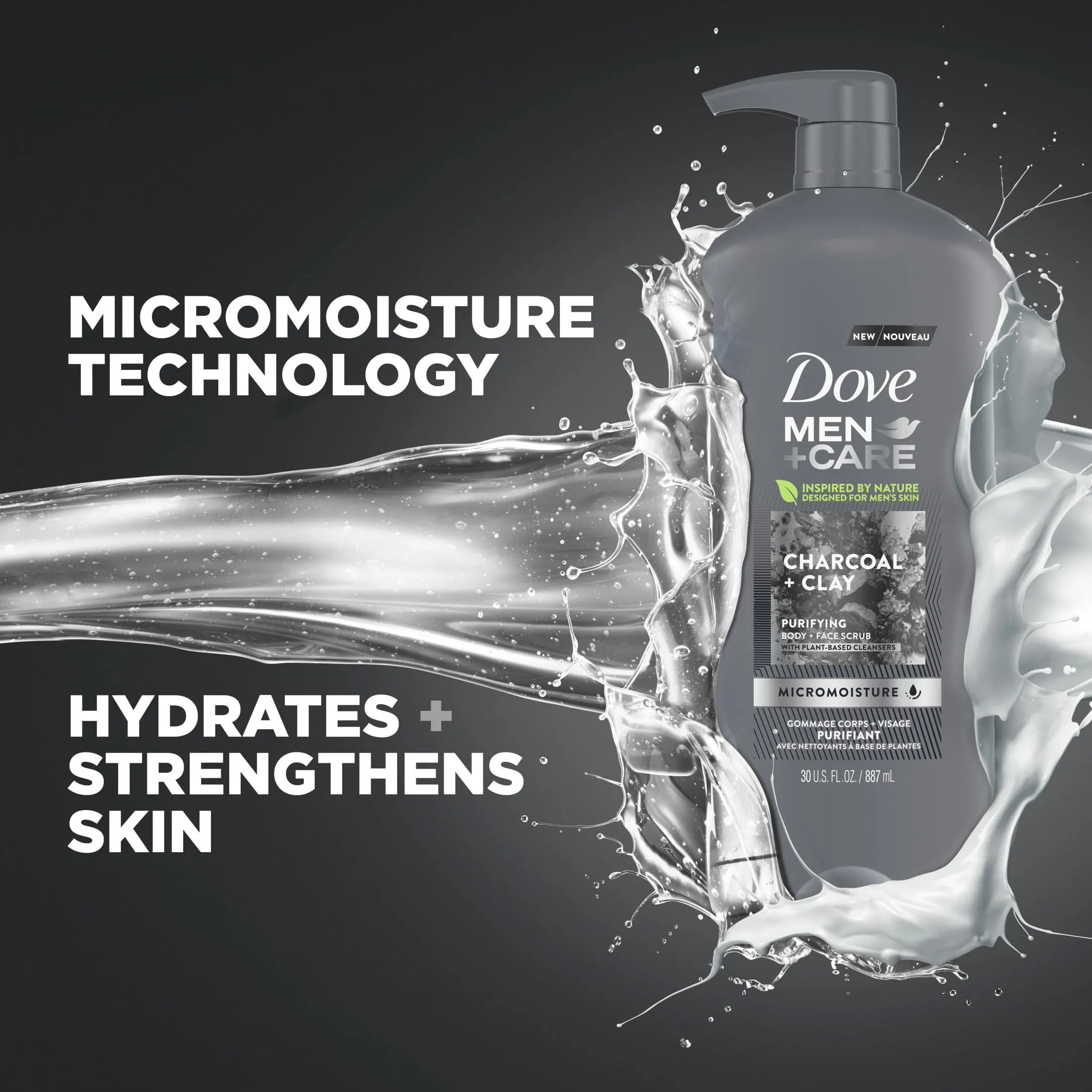 Dove Men Care Purifying Hydrating Face and Body Wash, Charcoal and Clay, 30 fl oz