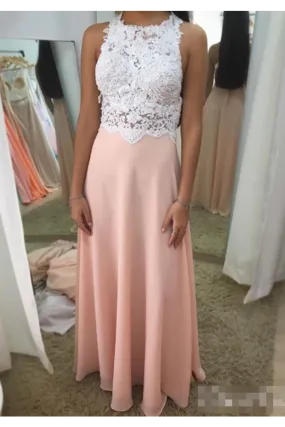 Halter Neck Ivory Top Beadings Blush Crepe Chiffon Prom Dresses