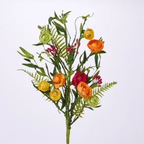 Mixed Ranunculus, Wild Berry, & Fern Spray Single Stem Faux Floral - 33"